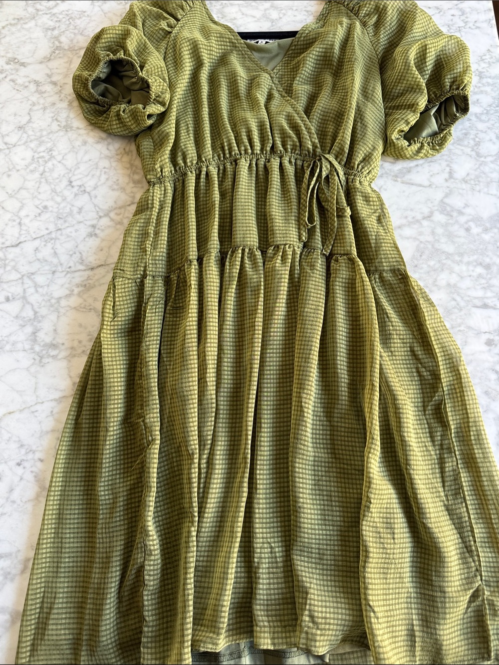 Moon River Olive Green Tiered Tie-Waist Dress